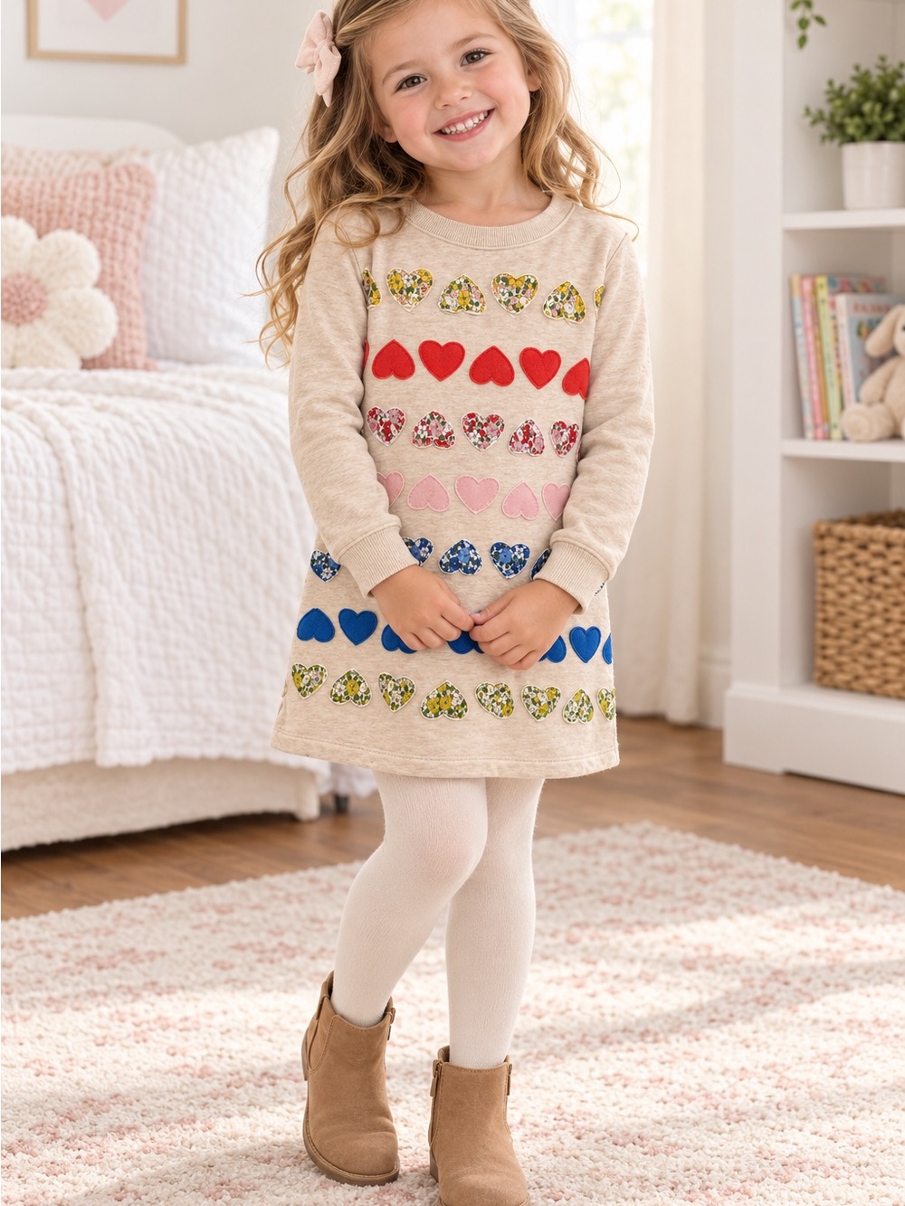 Mini Boden Cream Sweatshirt Dress with Multicolor Heart Rows